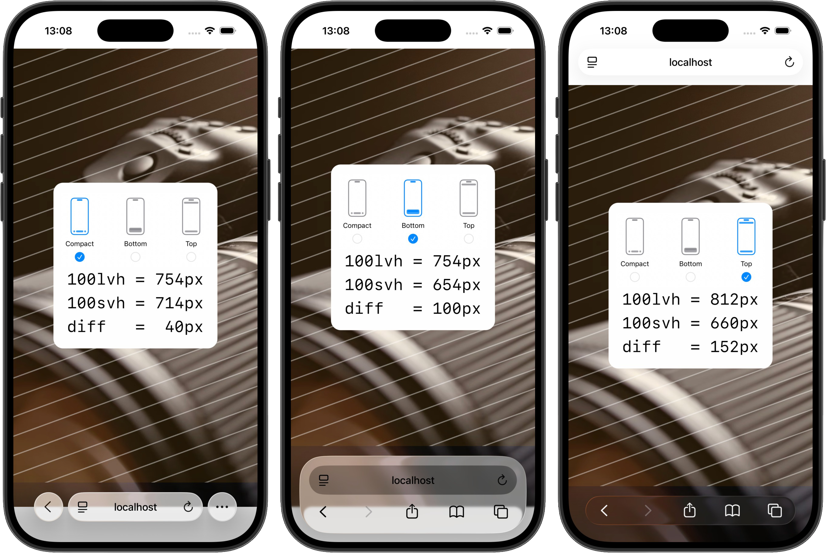 Small an large viewport units with different layout settings in Safari 26